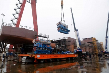 The installation of the main engines on the under-construction Ro-Pax type ferry has been completed